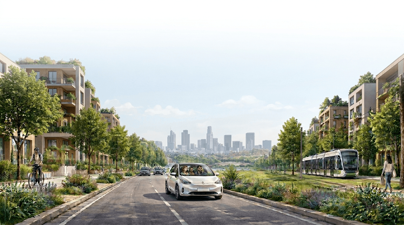 Neighbors commuting together by car through a lively green city